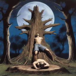 A young man is lying flat on his back across the top of a giant altar made from a tree stump