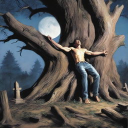 A realistic horror scene featuring a young man lying flat on his back across the top of a giant altar made from a tree stump