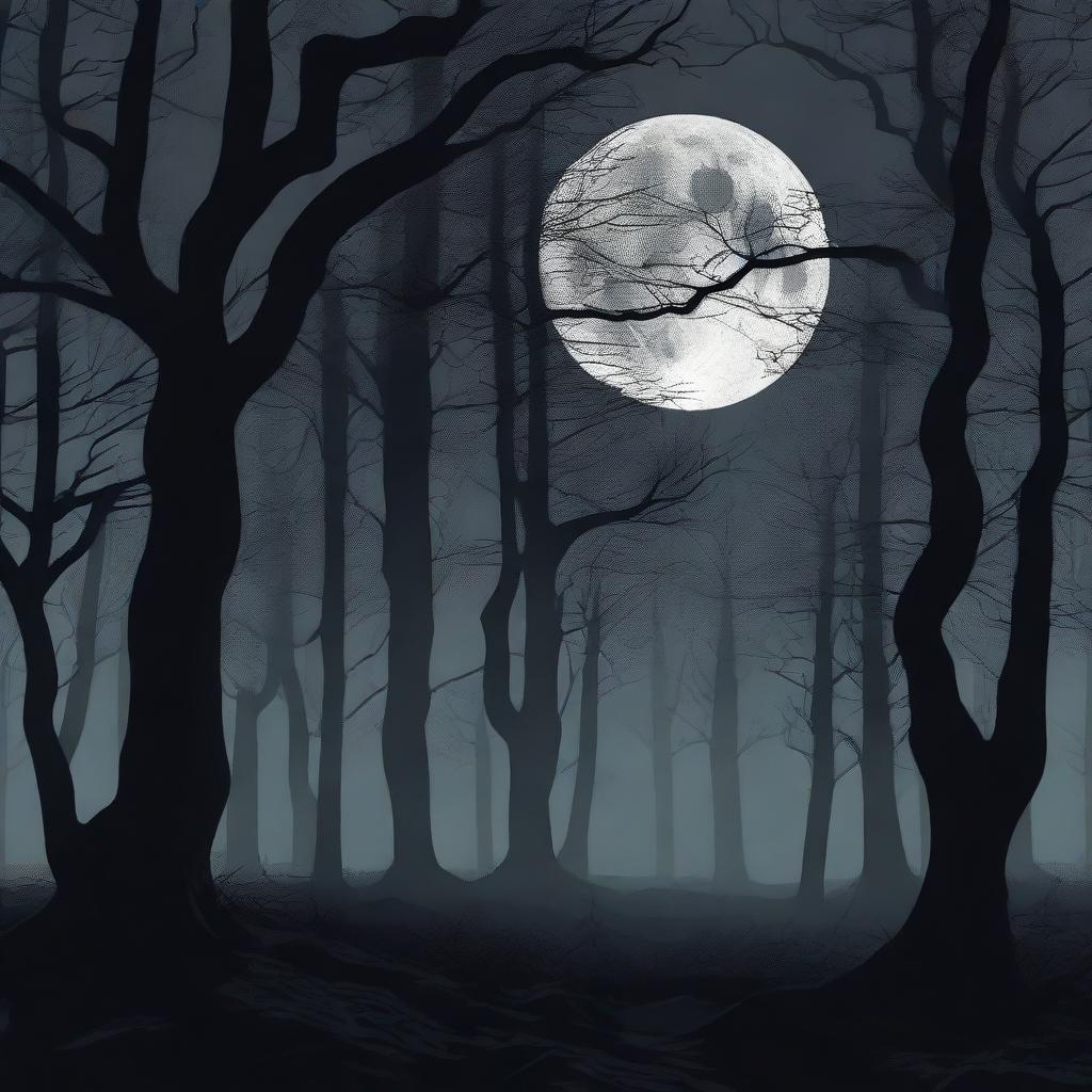 A scene depicting a dark, eerie forest at night with twisted trees and a full moon casting long shadows