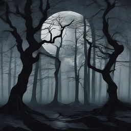 A scene depicting a dark, eerie forest at night with twisted trees and a full moon casting long shadows