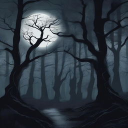 A scene depicting a dark, eerie forest at night with twisted trees and a full moon casting long shadows