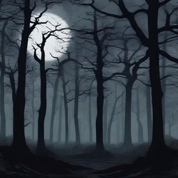 A scene depicting a dark, eerie forest at night with twisted trees and a full moon casting long shadows