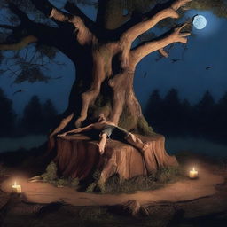 A horror scene featuring one young man lying flat on his back across the top of a giant altar made from a tree stump