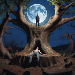 A horror scene featuring one young man lying flat on his back across the top of a giant altar made from a tree stump