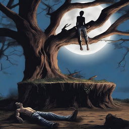 A realistic horror scene featuring one young man lying flat on his back across the top of a giant altar made from a tree stump