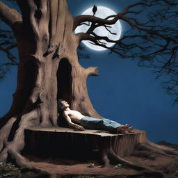 A realistic horror scene featuring one young man lying flat on his back across the top of a giant altar made from a tree stump