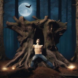 A realistic horror scene featuring a young man lying flat on his back across the top of a giant altar made from a tree stump in the woods