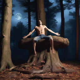 A realistic horror scene featuring a young man lying flat on his back across the top of a giant altar made from a tree stump in the woods