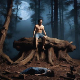 A realistic horror scene featuring a young man lying flat on his back across the top of a giant altar made from a tree stump in the woods