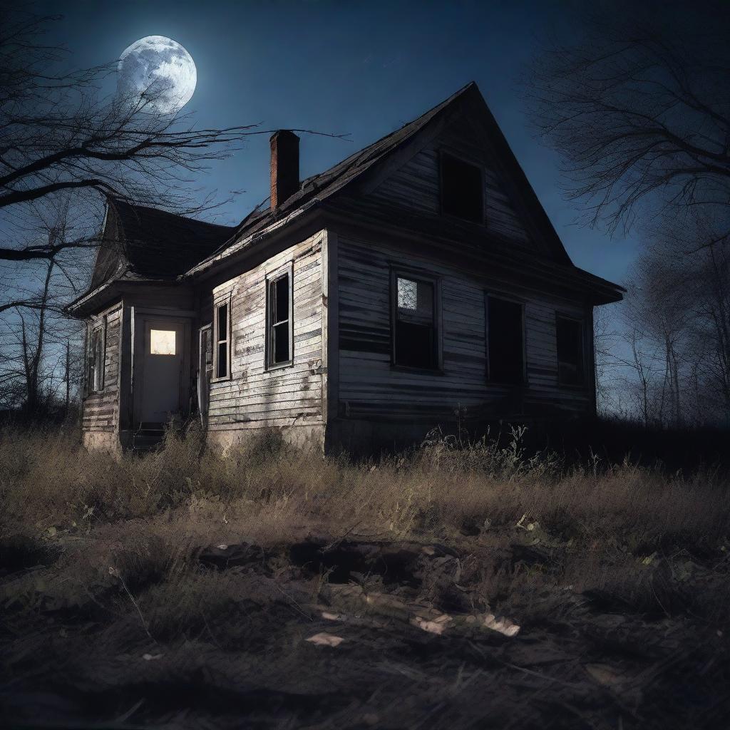 A chilling scene of an abandoned, decrepit house at night with broken windows and overgrown weeds