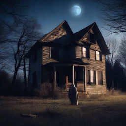 A chilling scene of an abandoned, decrepit house at night with broken windows and overgrown weeds