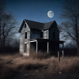 A chilling scene of an abandoned, decrepit house at night with broken windows and overgrown weeds