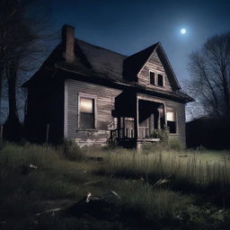 A chilling scene of an abandoned, decrepit house at night with broken windows and overgrown weeds