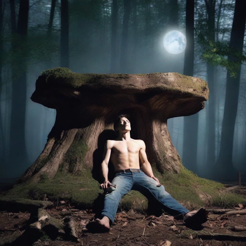 A very realistic horror scene featuring a young man lying flat on his back across the top of a giant altar made from a tree stump in the woods