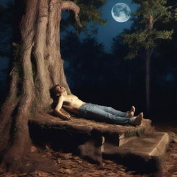 A very realistic horror scene featuring a young man lying flat on his back across the top of a giant altar made from a tree stump in the woods