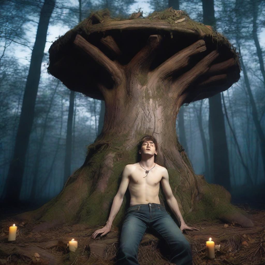 A very realistic horror scene featuring a young man lying flat on his back across the top of a giant altar made from a tree stump in the woods