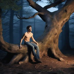 A very realistic horror scene featuring a young man lying flat on his back across the top of a giant altar made from a tree stump in the woods