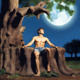 A detailed and realistic image of an attractive young man lying on his back on a giant altar made from a tree stump