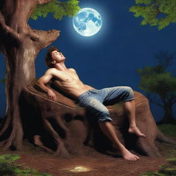 A detailed and realistic image of an attractive young man lying on his back on a giant altar made from a tree stump