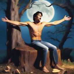 A detailed and realistic image of an attractive young man lying on his back on a giant altar made from a tree stump