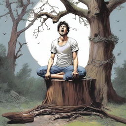 An extremely realistic image of a young man tied to an altar made from a tree stump with vines