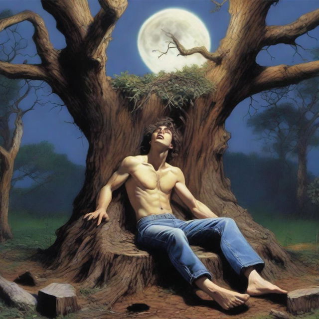 An extremely realistic image of a young man tied to an altar made from a tree stump with vines