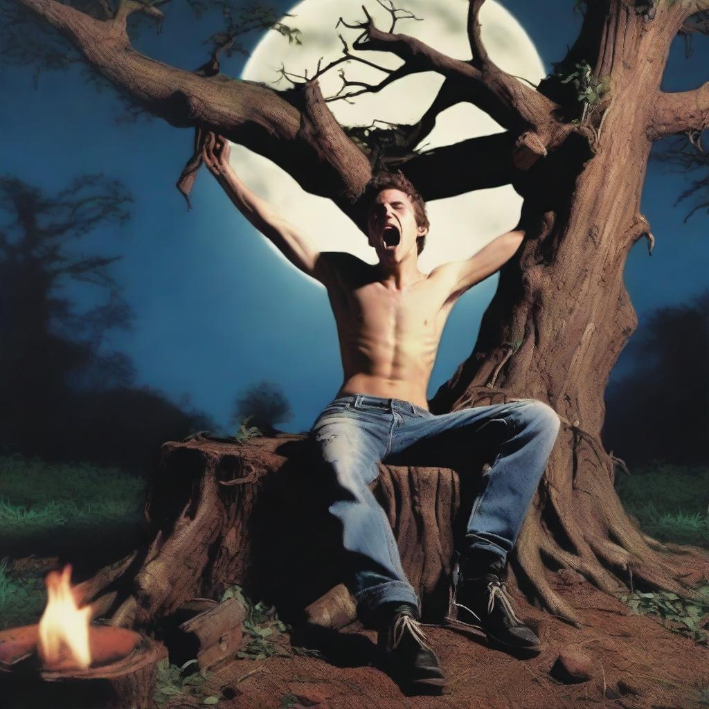 An extremely realistic image of a young man tied to an altar made from a tree stump with vines