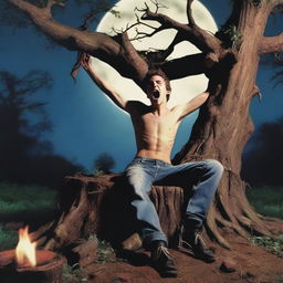 An extremely realistic image of a young man tied to an altar made from a tree stump with vines