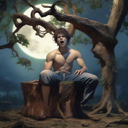 An extremely realistic image of a young man tied to an altar made from a tree stump with vines