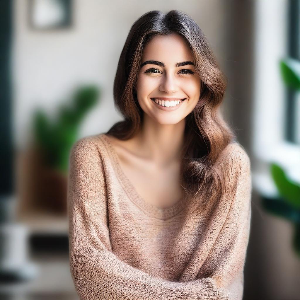 Create an image of a cheerful and kind-hearted young woman with a warm smile, dressed casually in a cozy setting