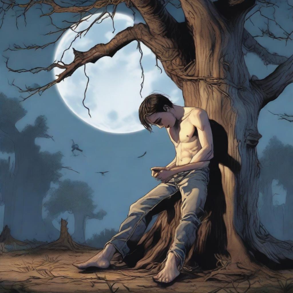 An extremely realistic image of a young man tied to an altar made from a tree stump with vines