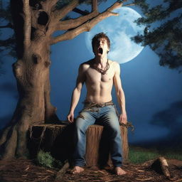 An extremely realistic image of a young man tied to an altar made from a tree stump with vines