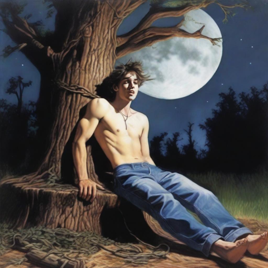 An extremely realistic image of a young man tied to an altar made from a tree stump with vines