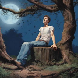 An extremely realistic image of a young man tied to an altar made from a tree stump with vines