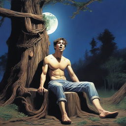 An extremely realistic image of a young man tied to an altar made from a tree stump with vines