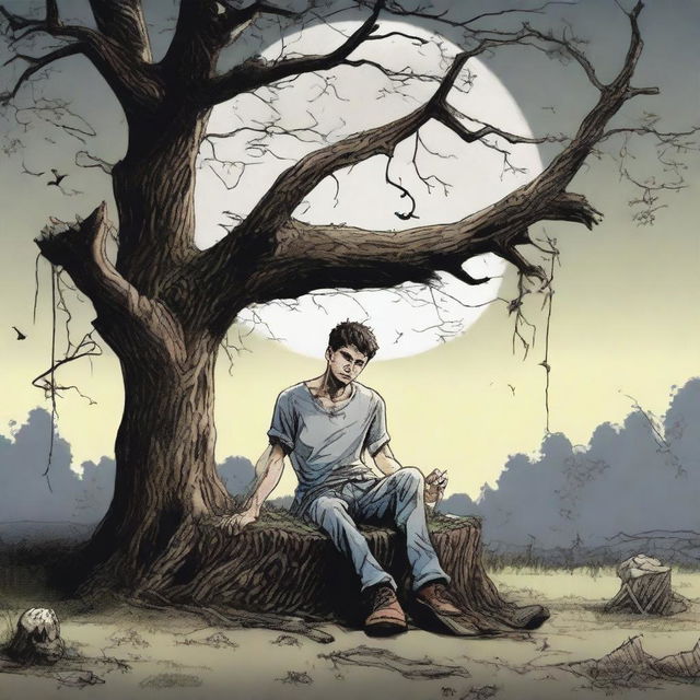 An extremely realistic image of a young man tied to an altar made from a tree stump with vines