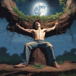 An extremely realistic image of a young man tied to an altar made from a tree stump with vines