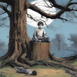 An extremely realistic image of a young man tied to an altar made from a giant tree stump with vines