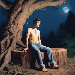 An extremely realistic image of a young man tied to an altar made from a giant tree stump with vines