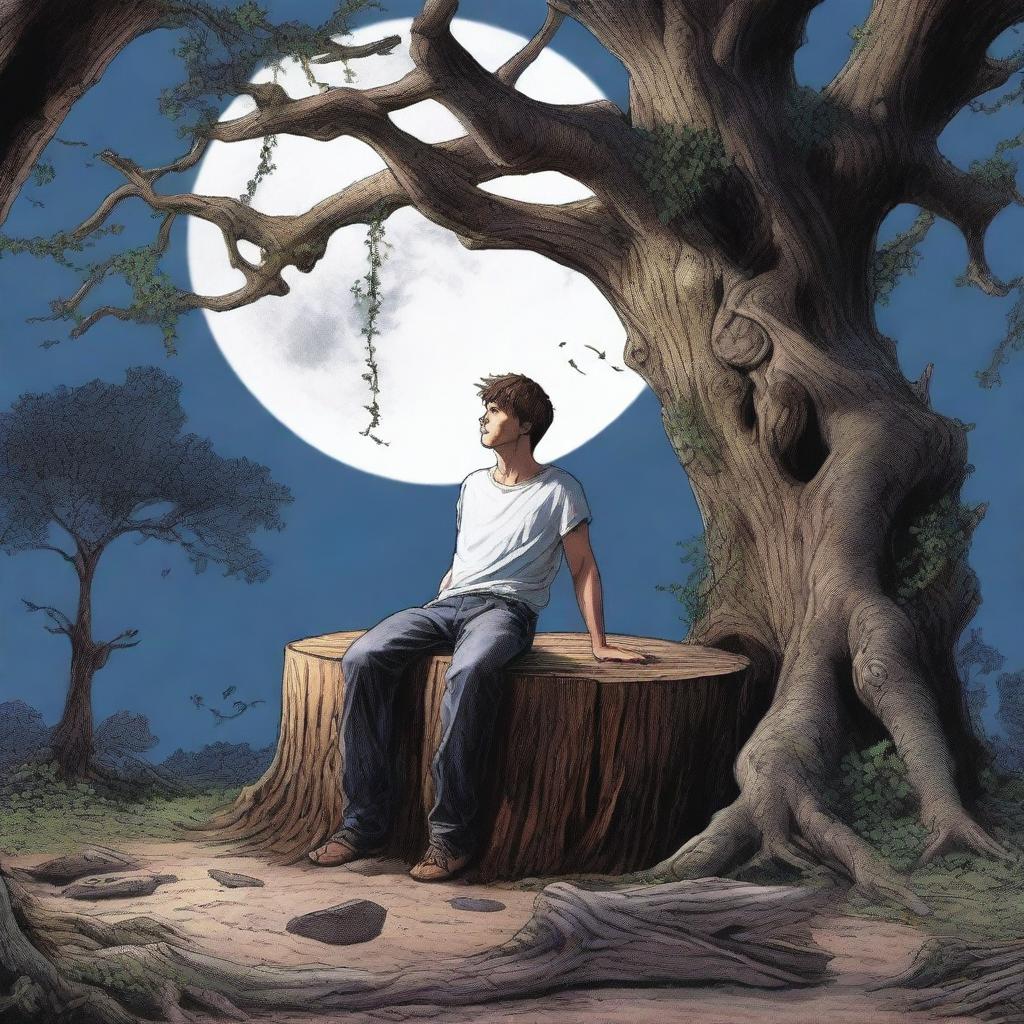 An extremely realistic image of a young man tied to an altar made from a giant tree stump with vines