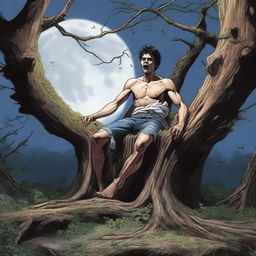 An extremely realistic image of a young man tied to an altar made from a giant tree stump with vines