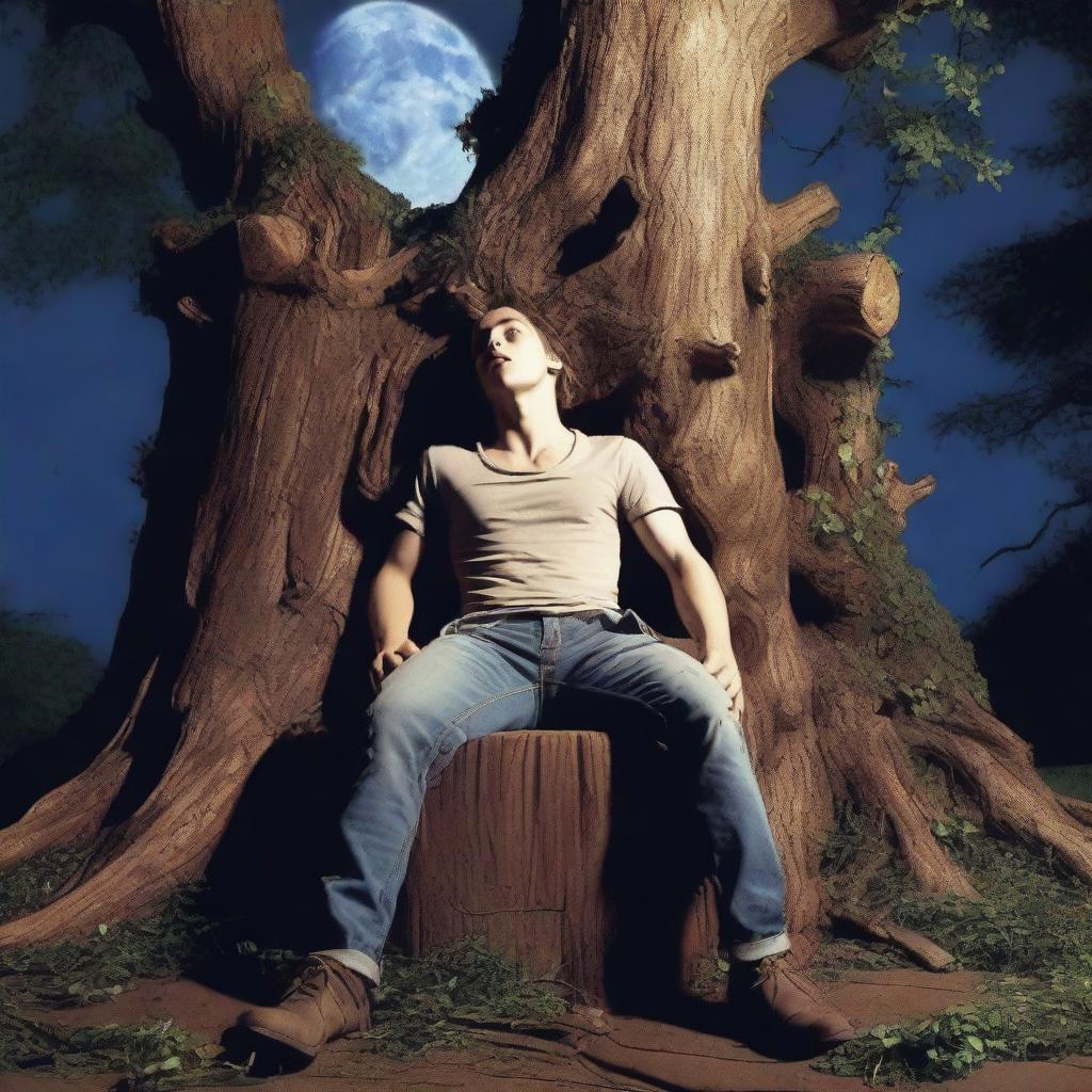 An extremely realistic image of a young man lying horizontally on his back, tied tightly to an altar made from a giant tree stump with vines