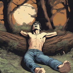 An extremely realistic image of a young man lying horizontally on his back, tied tightly to an altar made from a giant tree stump with vines