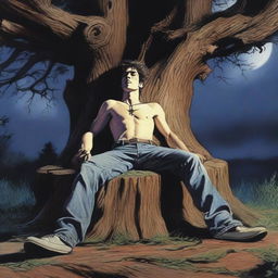 An extremely realistic image of a young man lying horizontally on his back, tied tightly to an altar made from a giant tree stump with vines