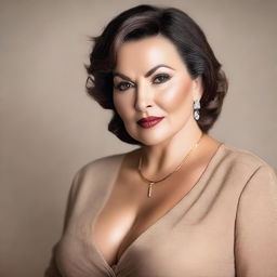 A mature, voluptuous woman with a confident and alluring presence