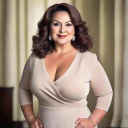 A mature, voluptuous woman with a confident and alluring presence