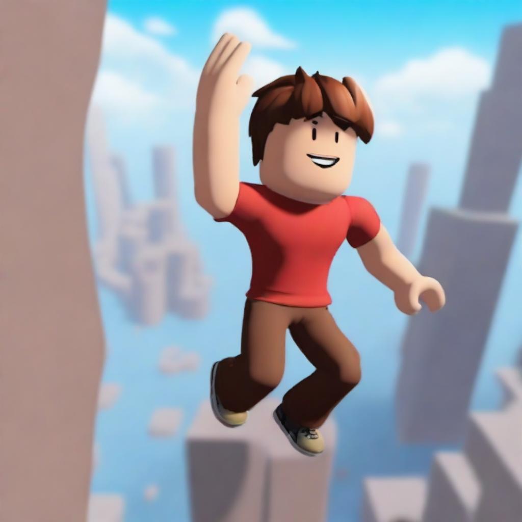 A noob character from Roblox wearing a red t-shirt and brown pants, jumping over obstacles at a high altitude