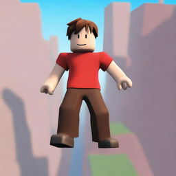 A noob character from Roblox wearing a red t-shirt and brown pants, jumping over obstacles at a high altitude