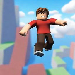 A noob character from Roblox wearing a red t-shirt and brown pants, jumping over obstacles at a high altitude