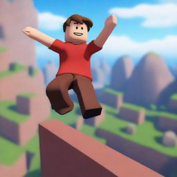 A noob character from Roblox wearing a red t-shirt and brown pants, jumping over obstacles at a high altitude